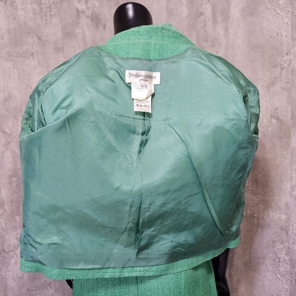 Vintage 80s Yves Saint Laurent Green Skirt Power Suit Career Casual Gold Buttons - Picture 15 of 16